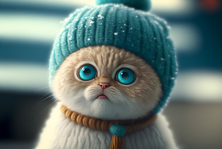 Portrait of a cute cat in cold winter wearing warm knitted hat - Generative AIの素材
