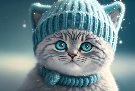 Portrait of a cute british short hair cat silver tabby in cold winter wearing warm knitted hat - Generative AIの素材