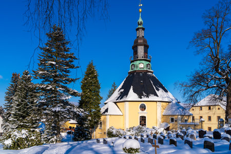 Seiffen Church in Christmas Village Ore Mountains in Saxony Germany at wintertime.の写真素材