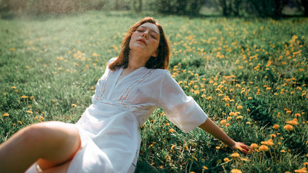 A girl in a light white semi-transparent dress walks through a summer flower gardenの写真素材