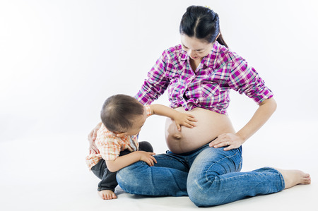 young mother teaches future babyの写真素材