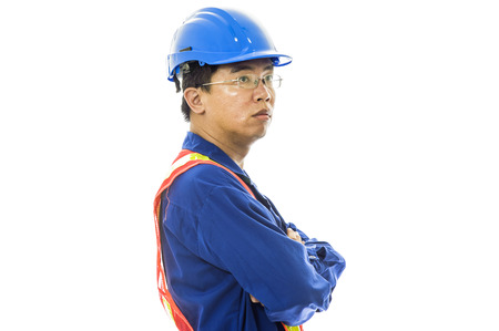 Portrait of a smiling worker. Isolated on whiteの写真素材