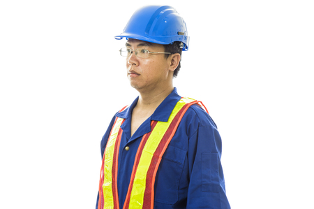 Portrait of a smiling worker. Isolated on whiteの写真素材
