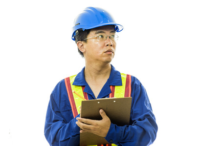 Portrait of a smiling worker. Isolated on whiteの写真素材