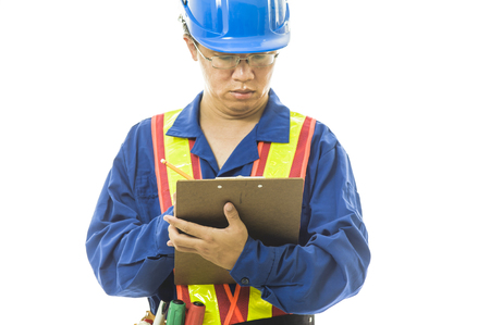Portrait of a smiling worker. Isolated on whiteの写真素材