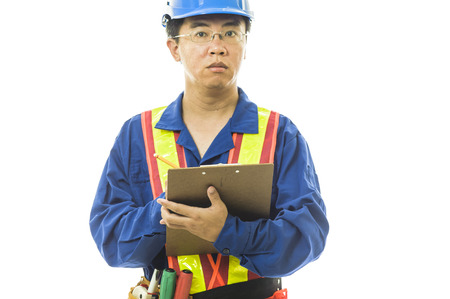 Portrait of a smiling worker. Isolated on whiteの写真素材