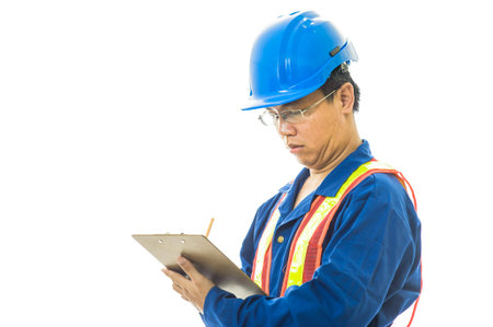 Portrait of a smiling worker. Isolated on whiteの写真素材