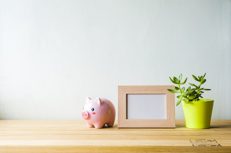 Indoor plant on wooden table and white wallの写真素材