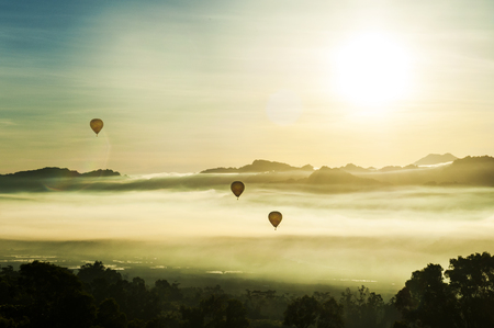 hot air balloons landing in a fieldの写真素材