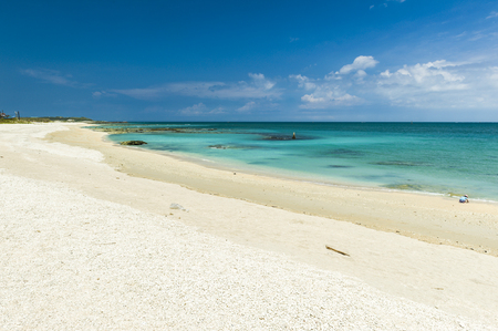 Beautiful blue ocean with beach and blue sky , white cloud in Penghu,Taiwanの写真素材