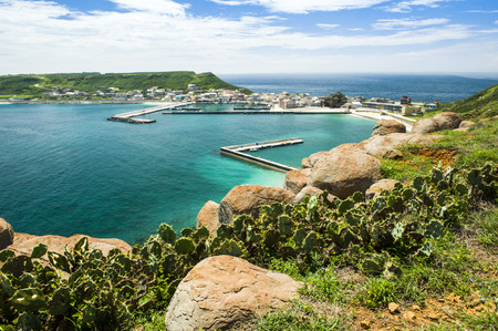 Beautiful blue ocean with beach and blue sky , white cloud in Taiwanの写真素材