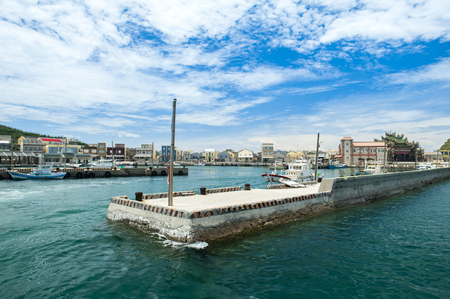 penghu, Taiwan - July 10, 2018: Beautiful landscape. Ship with beautiful blue sky and white cloud in penghu ,Taiwan.の写真素材