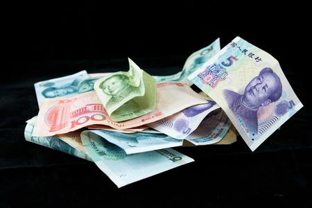 Chinese currency on black backgroundの写真素材