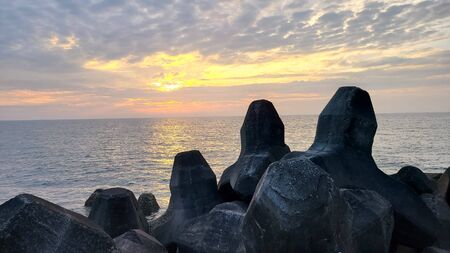 wave block sunsetの写真素材