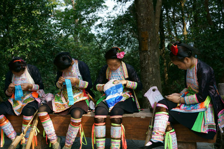 View of Miao's villagers making hand craftのeditorial素材