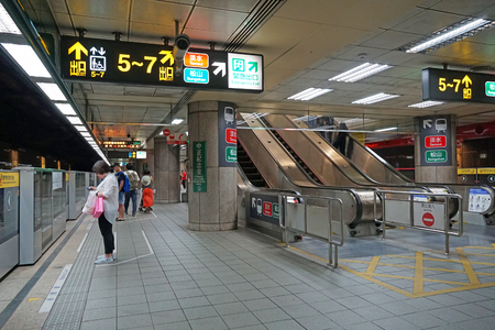 Taipei, Taiwan - July 27, 2019 : Passengers walk through Chiang kai-shek Memorial hall Metro station Subway.のeditorial素材