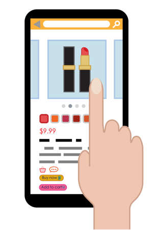Hand tapping on smartphone for shopping lipstick cosmetic onlineのイラスト素材