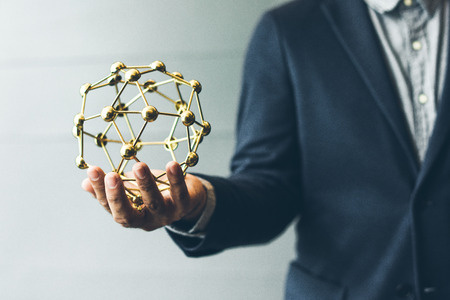 Businessman hand holder signs communication,DNA science background with business person on the backgroundの写真素材