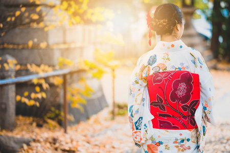 Young women wearing traditional Japanese Kimono  with colorful maple trees in autumn is famous in...
