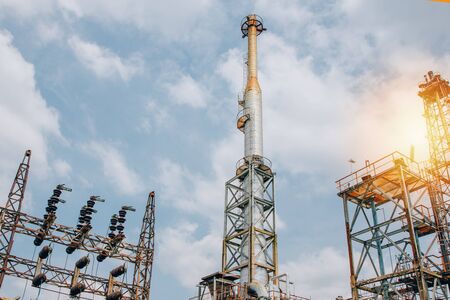 Industrial zone,The equipment of oil refining,Close-up of industrial pipelines of an oil-refinery plant,Detail of oil pipeline with valves in large oil refinery.の写真素材