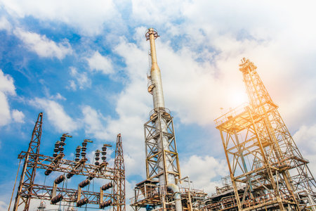 Industrial zone,The equipment of oil refining,Close-up of industrial pipelines of an oil-refinery plant,Detail of oil pipeline with valves in large oil refinery.の写真素材