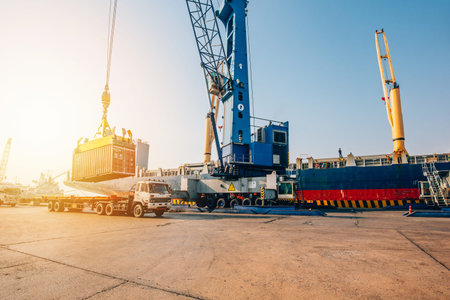 Business Logistics concept,Truck in container depot in import and export area at port,Container Cargo freight ship for Logistic Import Export の写真素材