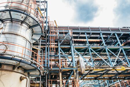 Industrial zone,The equipment of oil refining,Close-up of industrial pipelines of an oil-refinery plant,Detail of oil pipeline with valves in large oil refinery.のeditorial素材