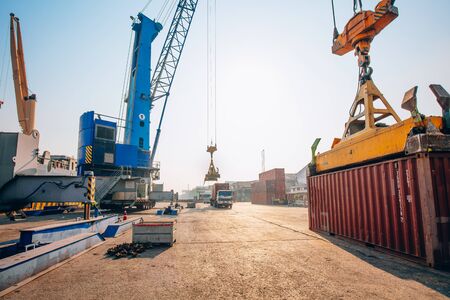 Business Logistics concept,Truck in container depot in import and export area at port,Container Cargo freight ship for Logistic Import Exportのeditorial素材