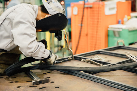 Industrial worker in manufacturing plant grinding to finish a Metal pipe,Industrial Worker at the factory welding closeupの写真素材