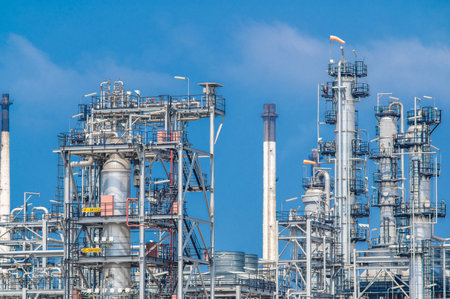 Industrial zone,The equipment of oil refining,Close-up of industrial pipelines of an oil-refinery plant,Detail of oil pipeline with valves in large oil refinery.の写真素材
