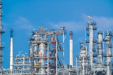 Industrial zone,The equipment of oil refining,Close-up of industrial pipelines of an oil-refinery plant,Detail of oil pipeline with valves in large oil refinery.の写真素材