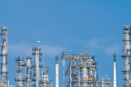 Industrial zone,The equipment of oil refining,Close-up of industrial pipelines of an oil-refinery plant,Detail of oil pipeline with valves in large oil refinery.の写真素材