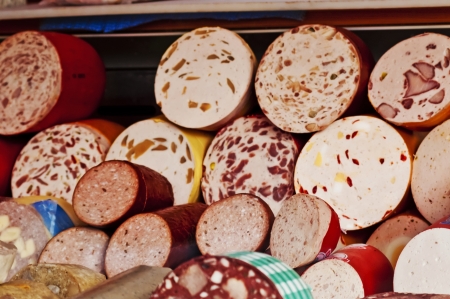 butcher with sausage offerの写真素材