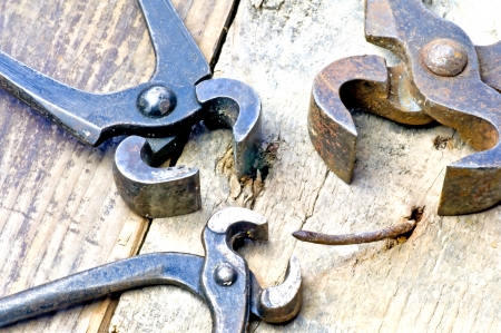 old rusty pliers with nailの写真素材
