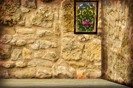 Medieval prison with view to a gardenの写真素材