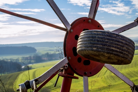 panoramic view through a hay turning machineの写真素材