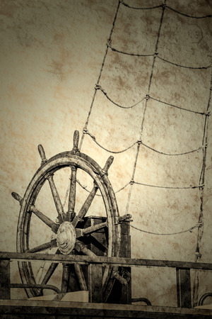 wheel of an old sailing shipの写真素材