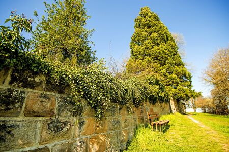 park bench at an old antique abbey wallの写真素材