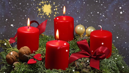 3rd Advent, Advent wreath with burning candlesの写真素材