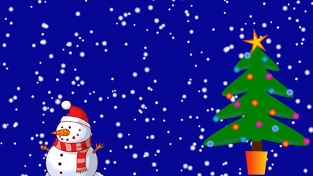 Snowman with snowy Christmas tree and snowfallの写真素材