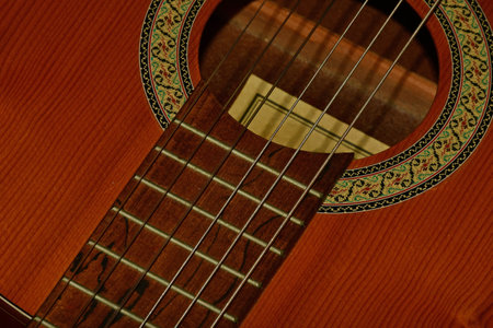 guitar neck and sound hole in a closeupの写真素材
