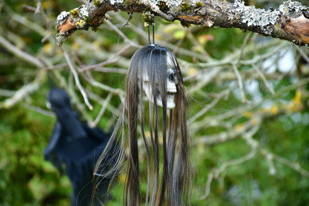 Halloween ghost skull decorated in a gardenの写真素材