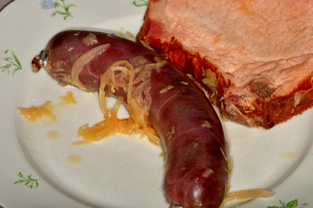 blood sausage and cured cooked pork from the cutlet stringの写真素材