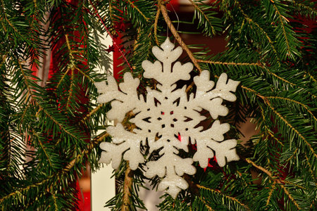 christmas tree with big white snowflake on a German christmas marketの写真素材