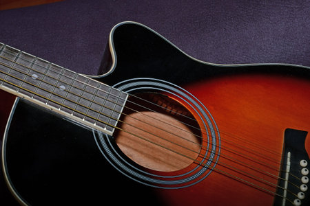 guitar, semi-acoustic with details in a closeupの写真素材