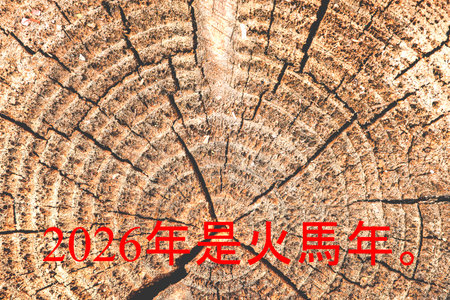 Chinese text with wooden disc with annual ringsの写真素材