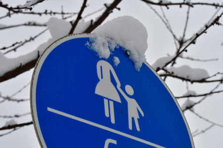 winter scene with pedestrian signの写真素材