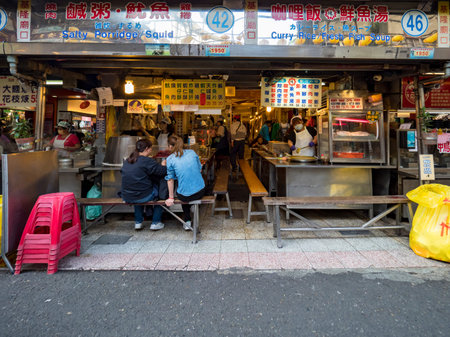 Keelung Miaokou Night market facade on April 11,2021 in Keellung, Taiwan.のeditorial素材