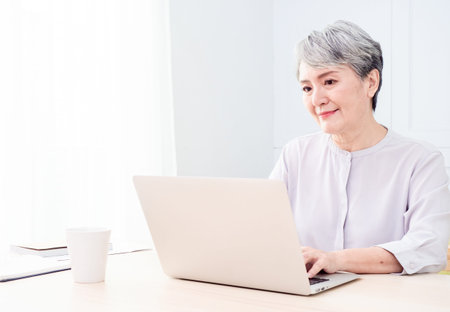 Senior asian woman using wireless laptop apps browsing internet.