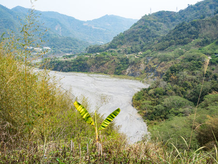 View of reservoir and mountain in Bukai village, Nantou County, Taiwan.